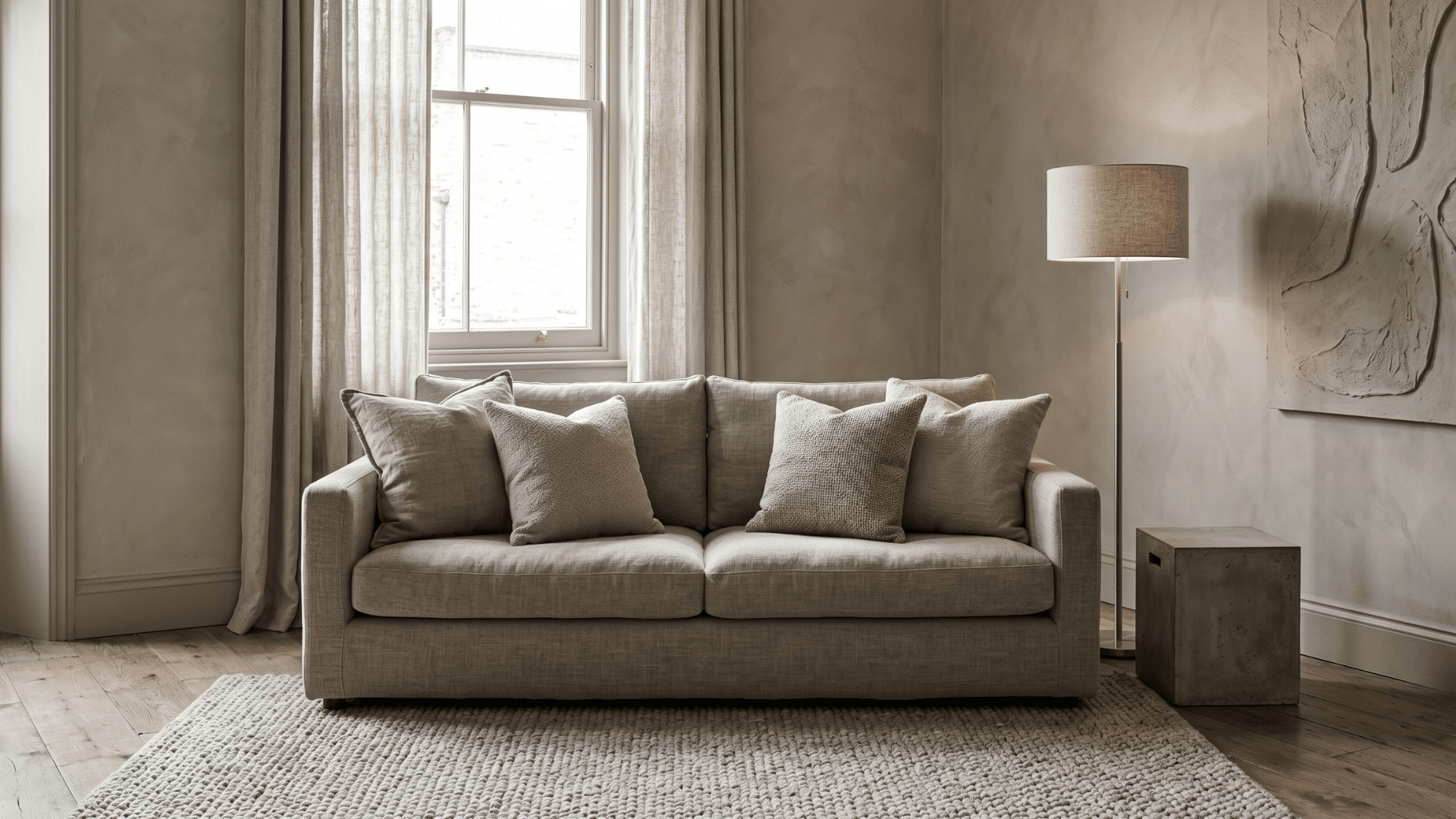 a living room in one color tone with varied textures, sofa with pillows, clean styling, soft lighting