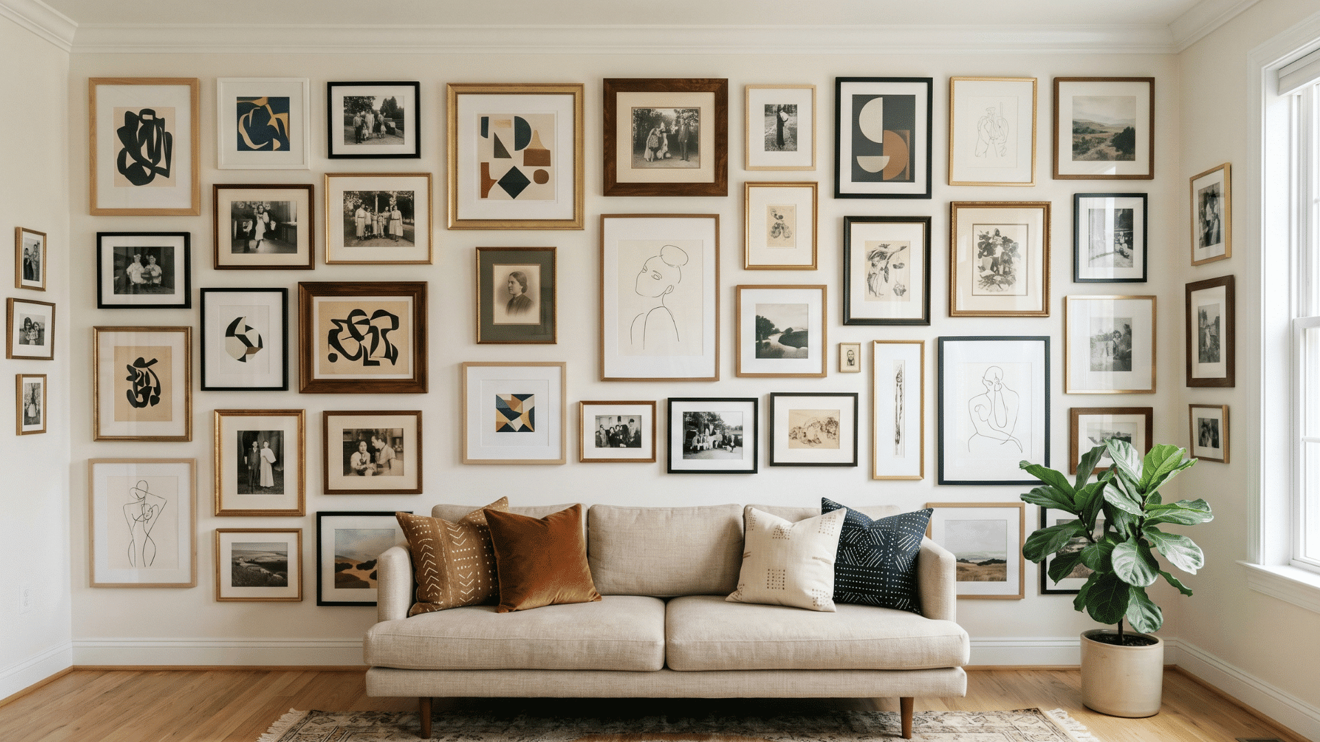 a living room with a full wall of mixed frames, neutral wall, sofa with pillows, clean layout, soft natural light