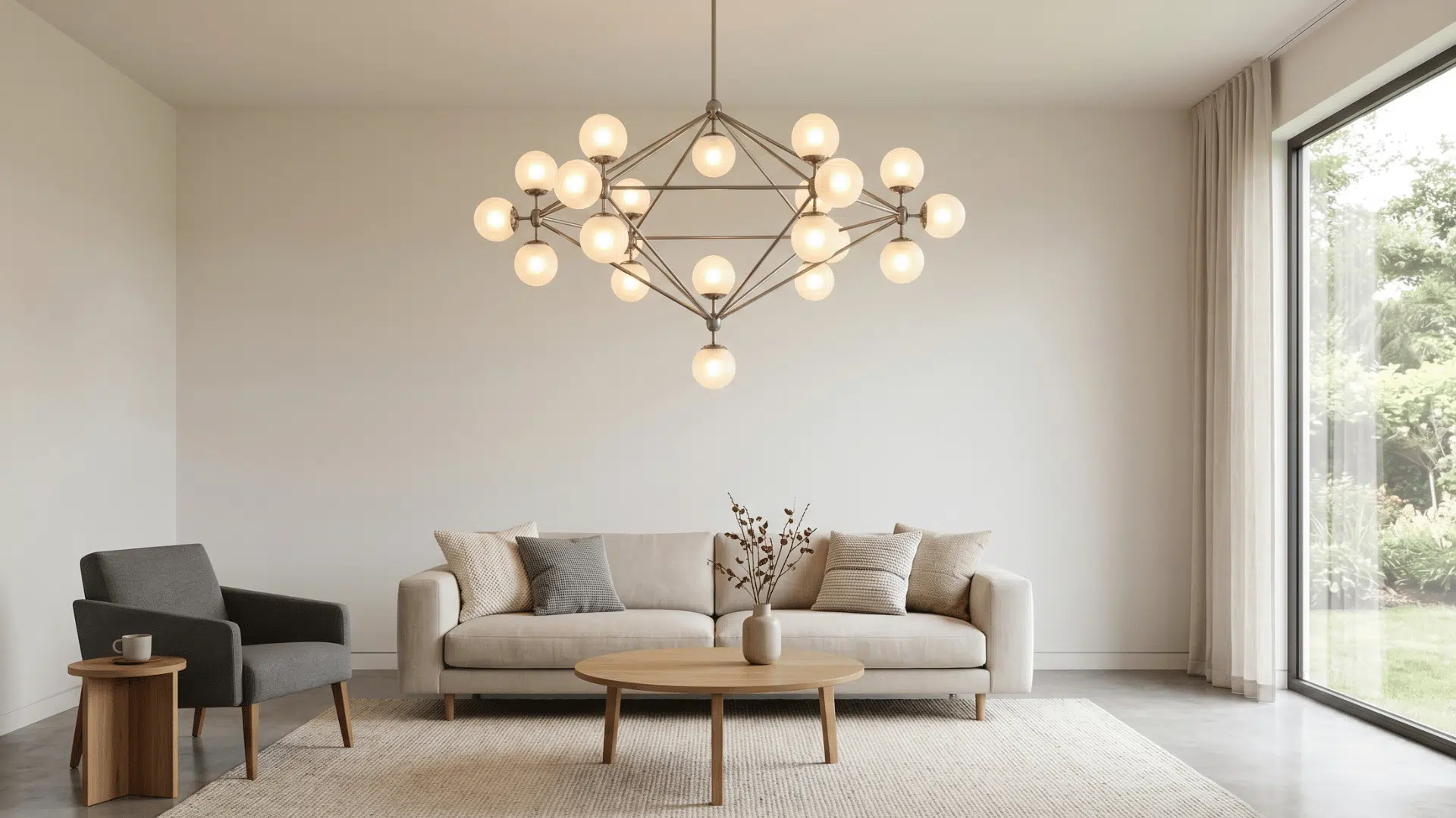 a living room with bold ceiling light as focus, neutral walls, sofa with pillows, clean layout, soft ambient light