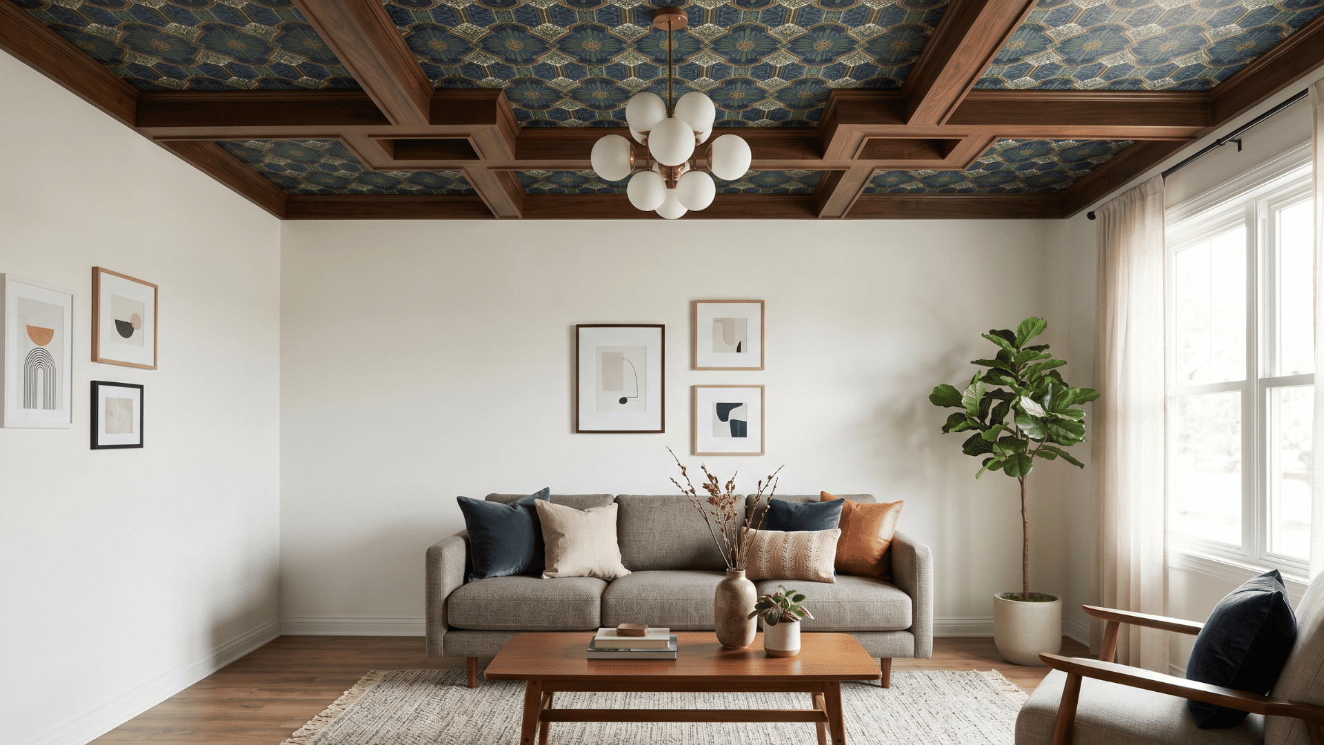 a living room with detailed ceiling design, simple walls, sofa with pillows, clean layout, soft lighting