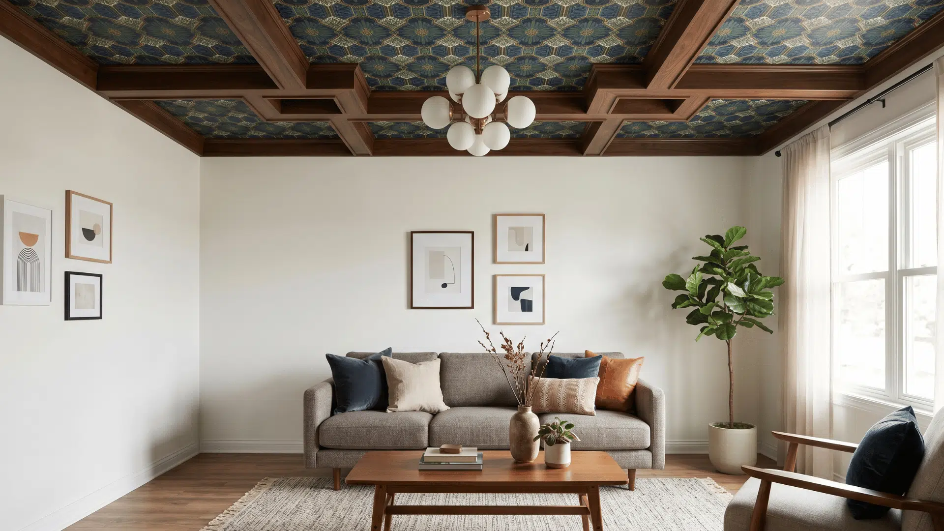 a living room with detailed ceiling design, simple walls, sofa with pillows, clean layout, soft lighting