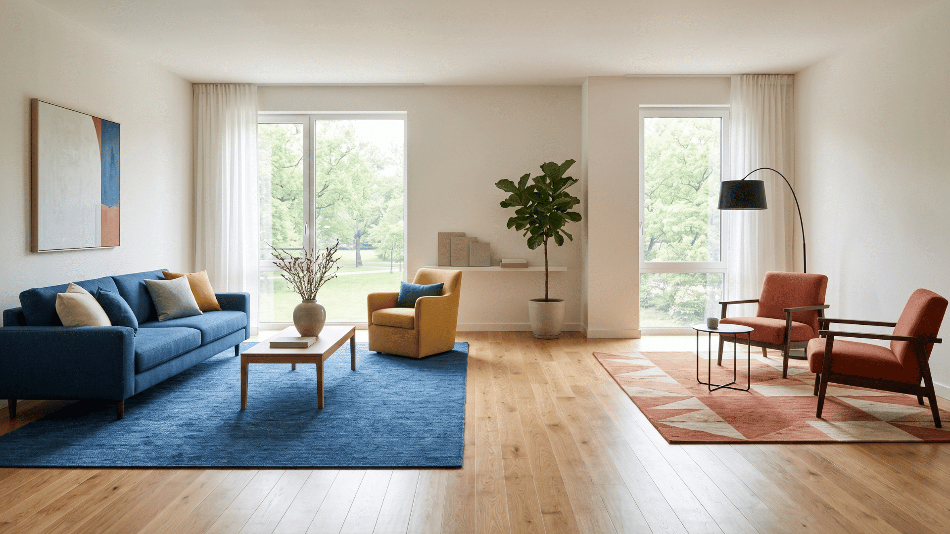 a living room with different colored furniture zones, sofa with pillows, clean layout, clear visual separation