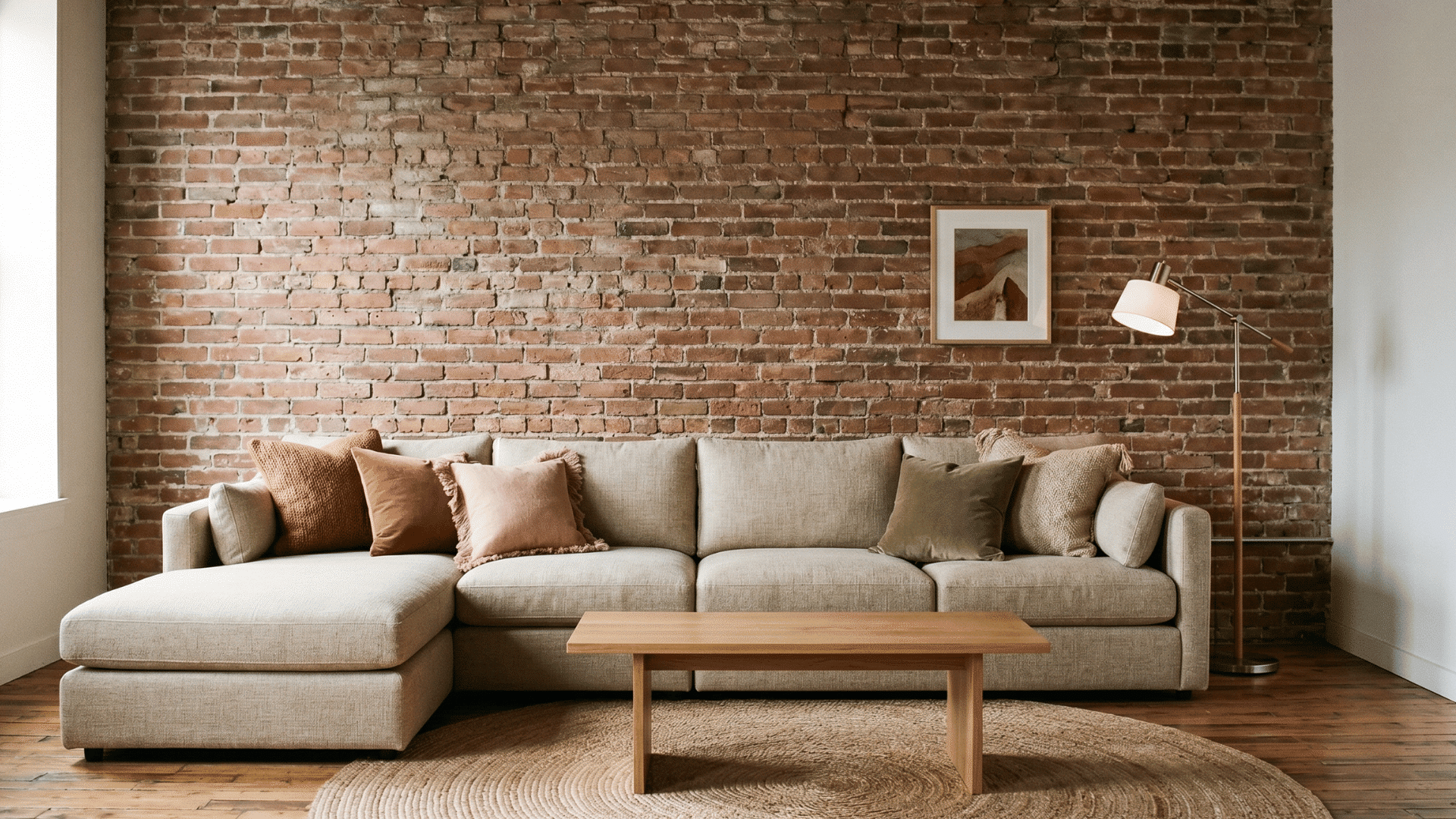 a living room with exposed brick wall, soft sofa with pillows, warm tones, minimal decor, clean balanced styling