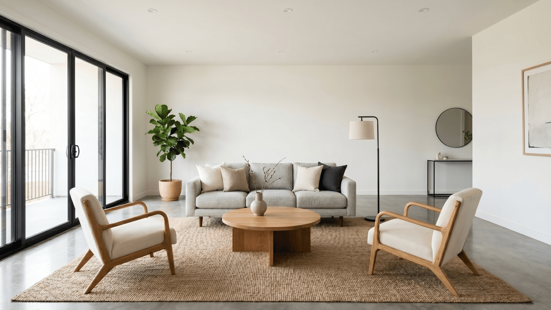 a living room with furniture centered away from walls, sofa with pillows, open edges, clean balanced layout