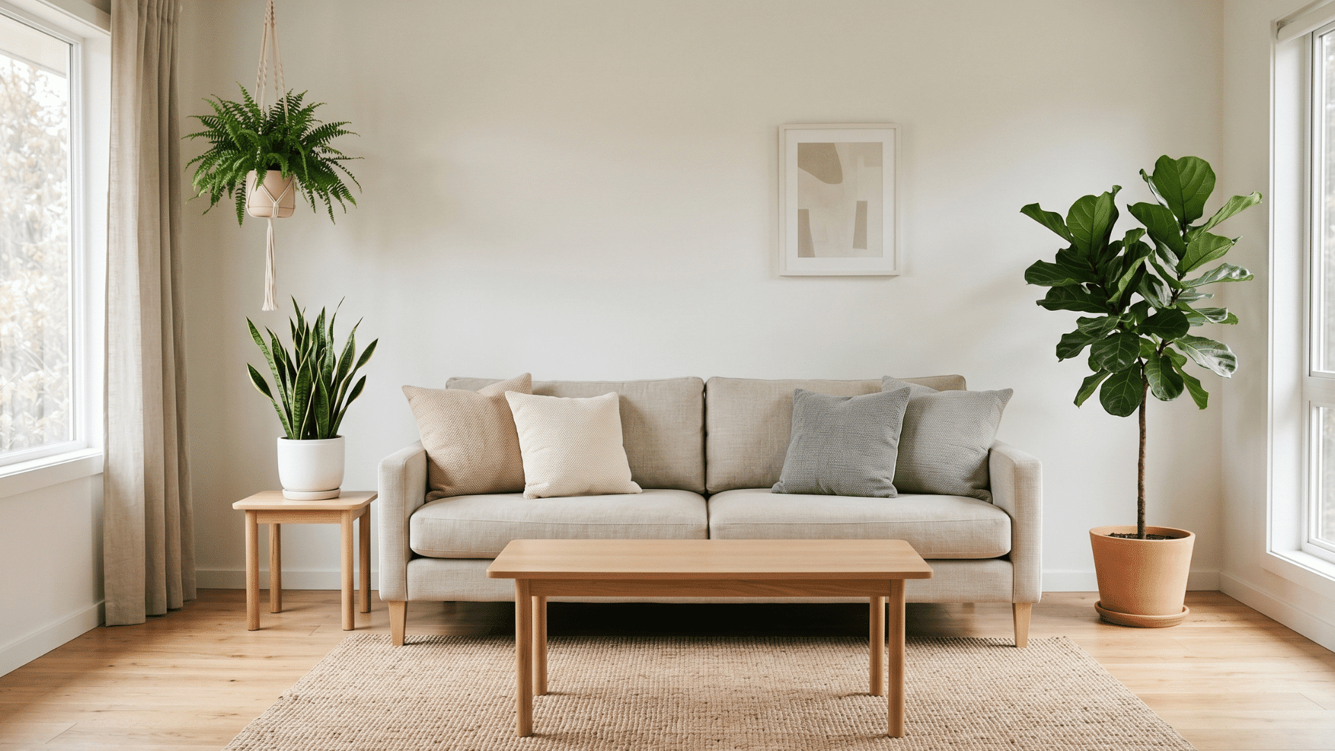 a living room with large indoor plants in corners, sofa with pillows, neutral base, clean and balanced styling