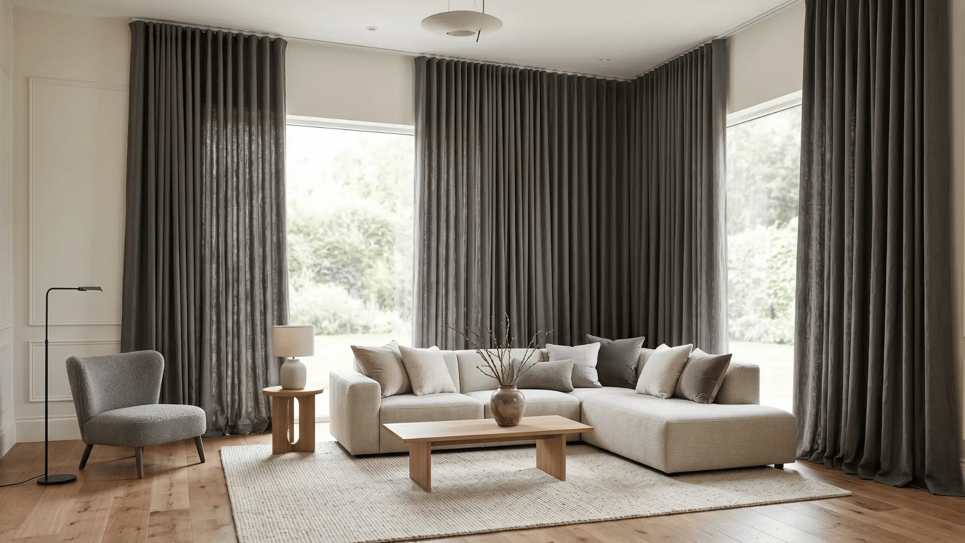 a living room with long bold curtains, neutral furniture, sofa with pillows, clean layout, soft lighting