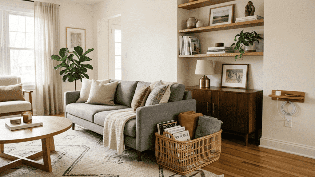 a living room with minimal decor, closed cabinet storage for cables and remotes, and a basket holding magazines and throw blankets
