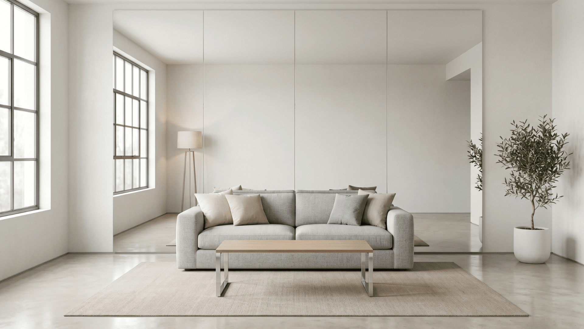 a living room with mirrors and reflective surfaces, sofa with pillows, clean layout, soft light reflection