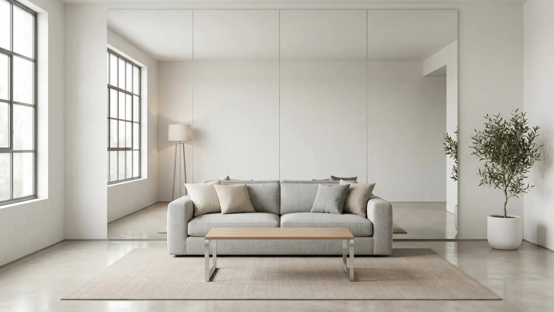 a living room with mirrors and reflective surfaces, sofa with pillows, clean layout, soft light reflection