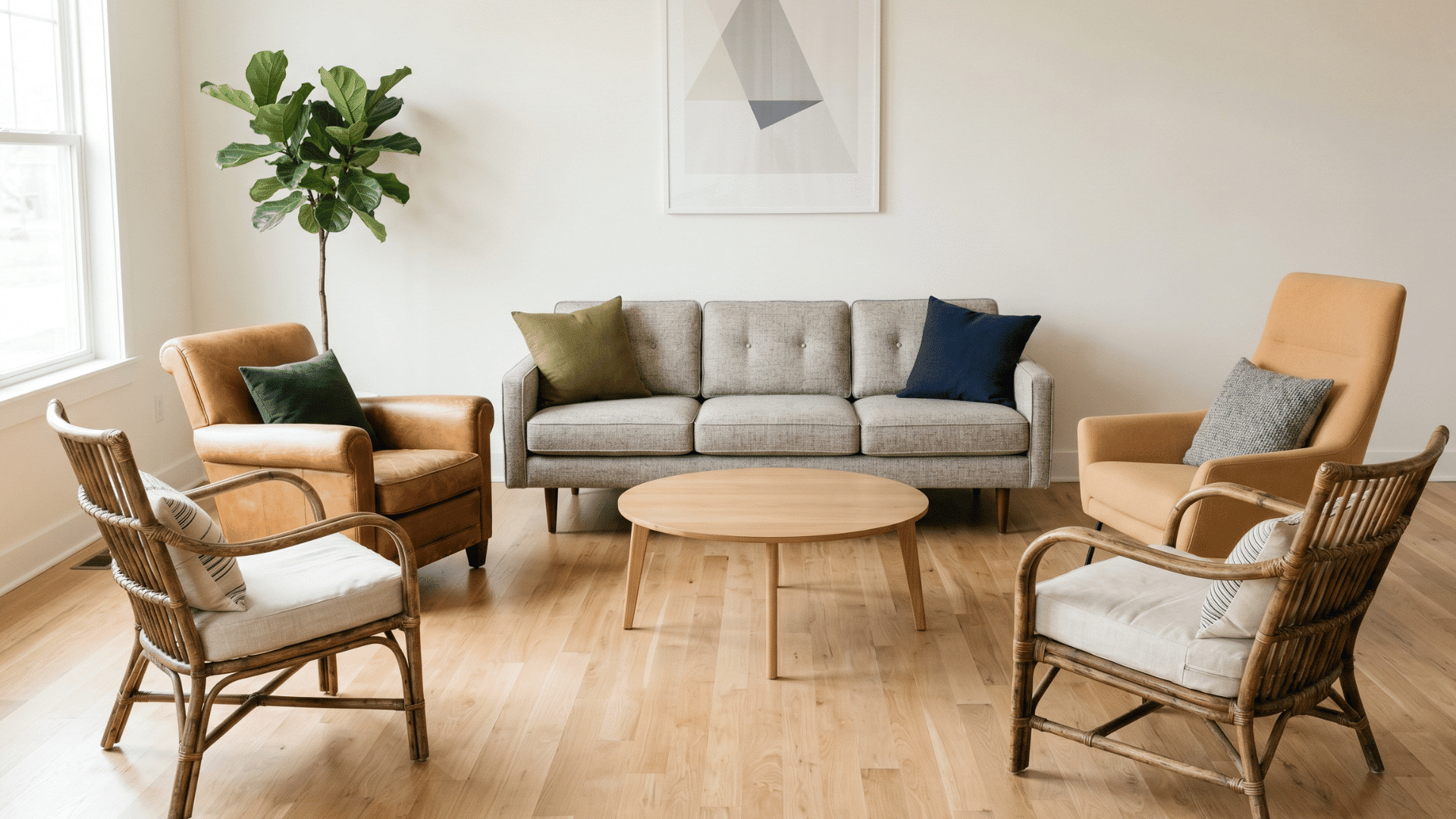 a living room with mixed chairs and sofa styles, pillows only, balanced spacing, clean floor, simple decor