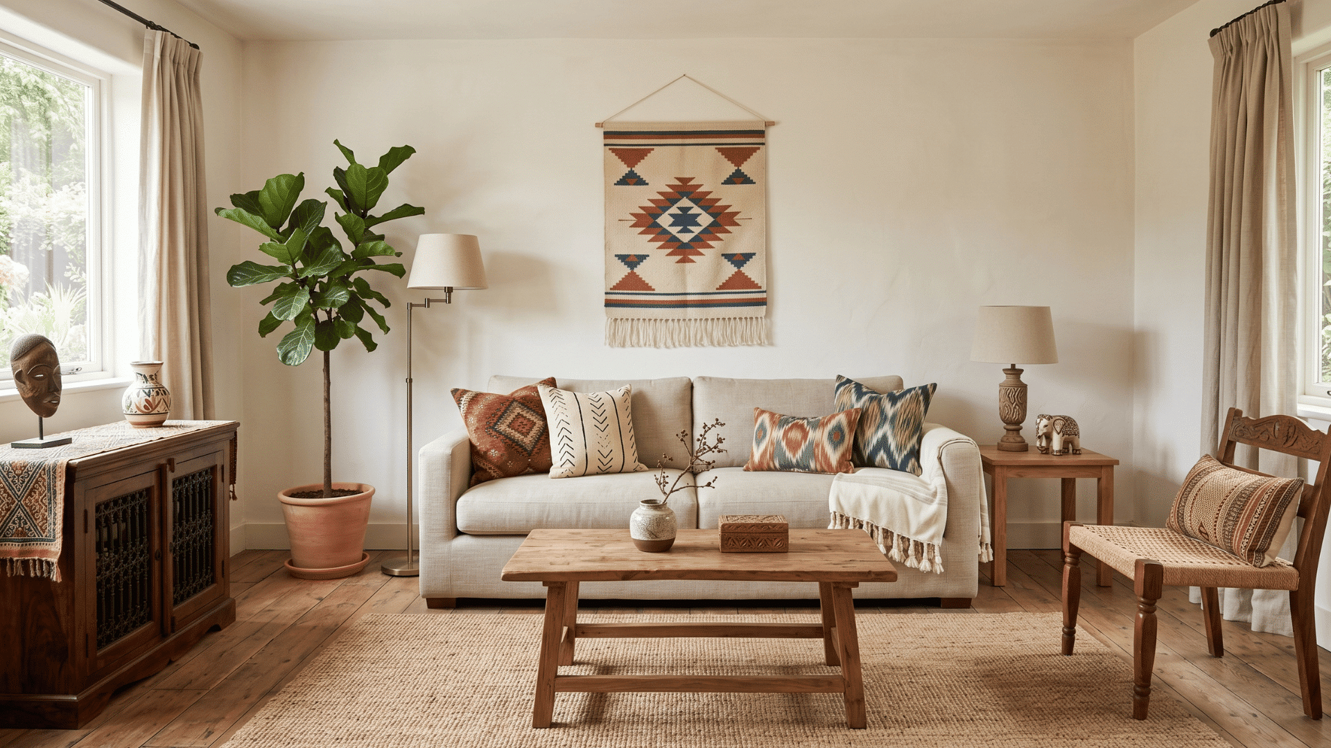 a living room with mixed global decor, wooden furniture, sofa with pillows, neutral base, clean and simple layout