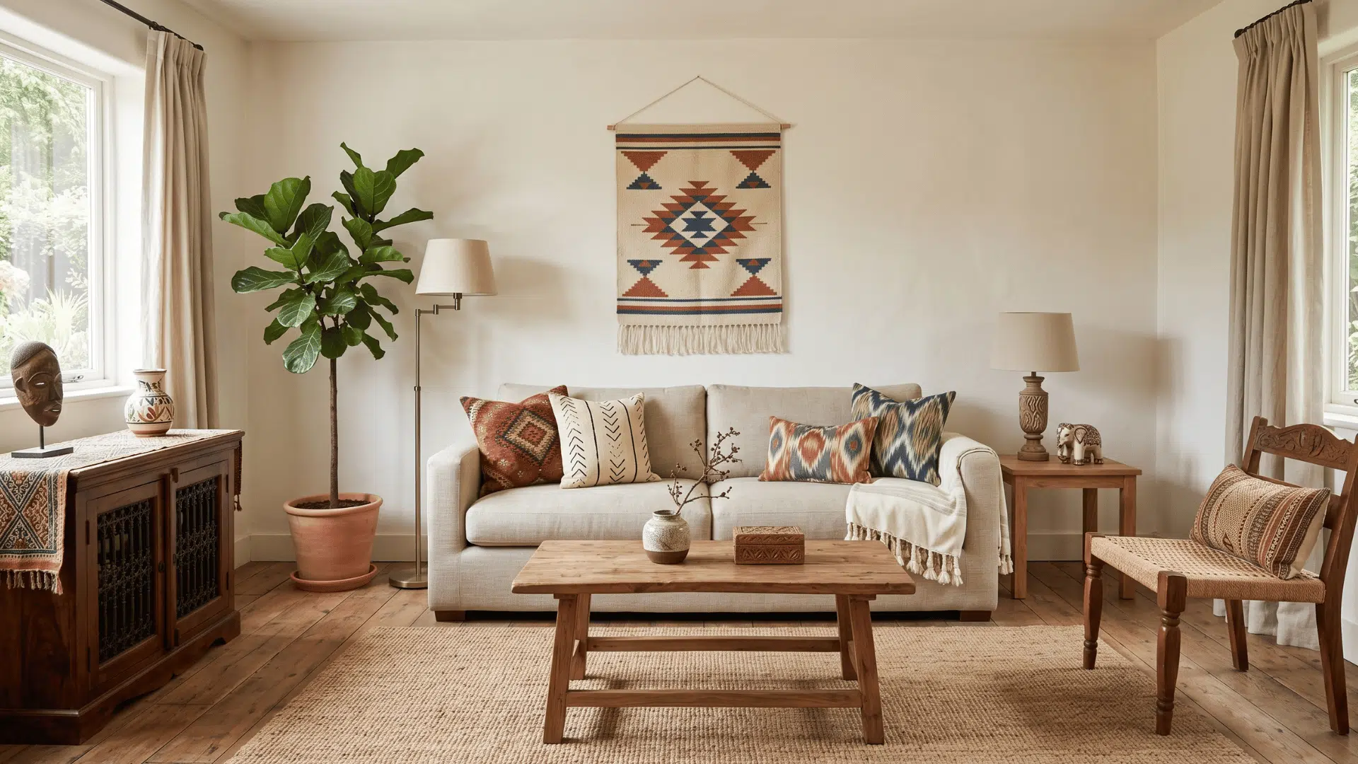 a living room with mixed global decor, wooden furniture, sofa with pillows, neutral base, clean and simple layout