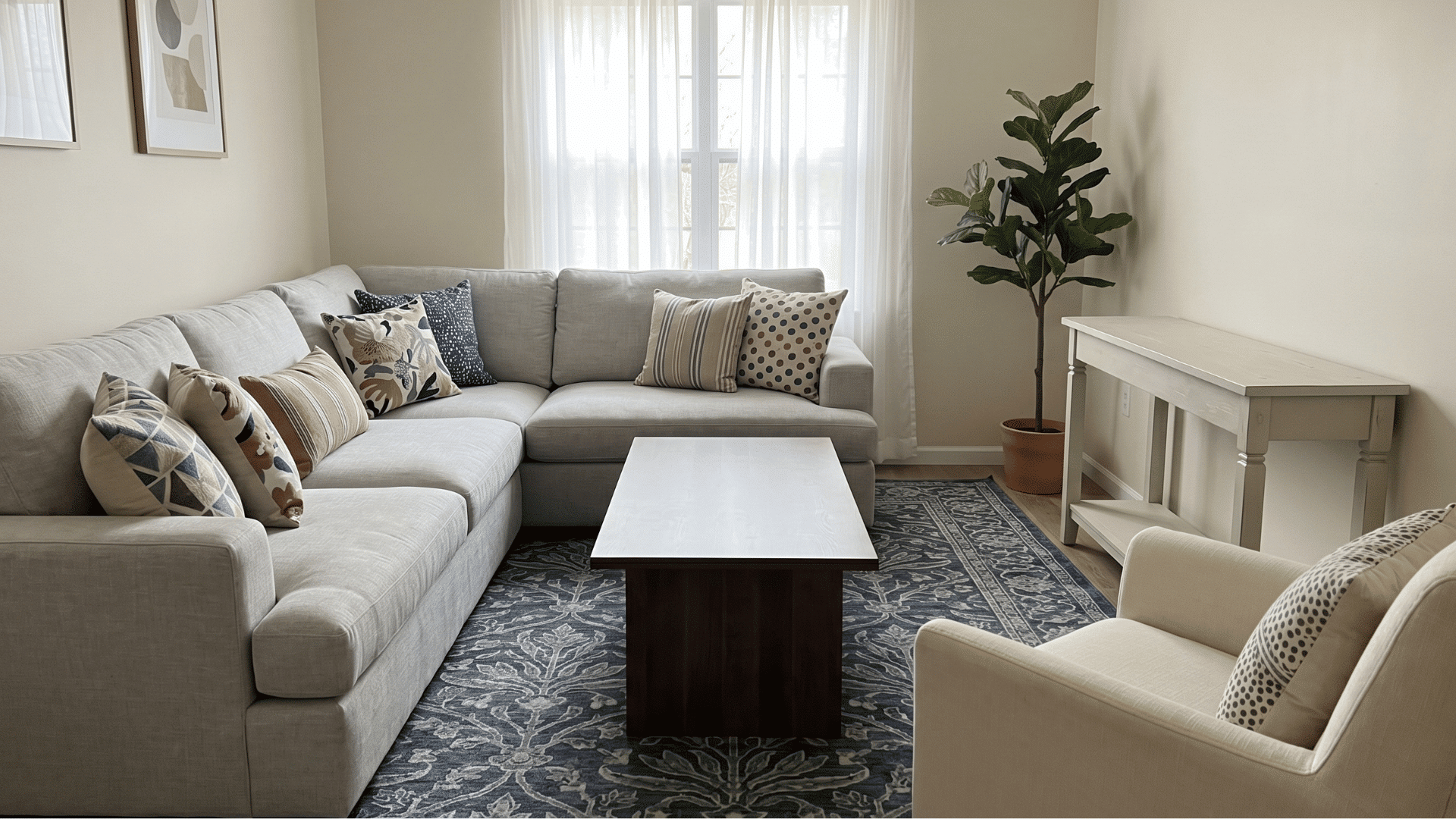 a living room with mixed patterns on cushions, sofa with pillows, neutral base, clean layout, soft lighting