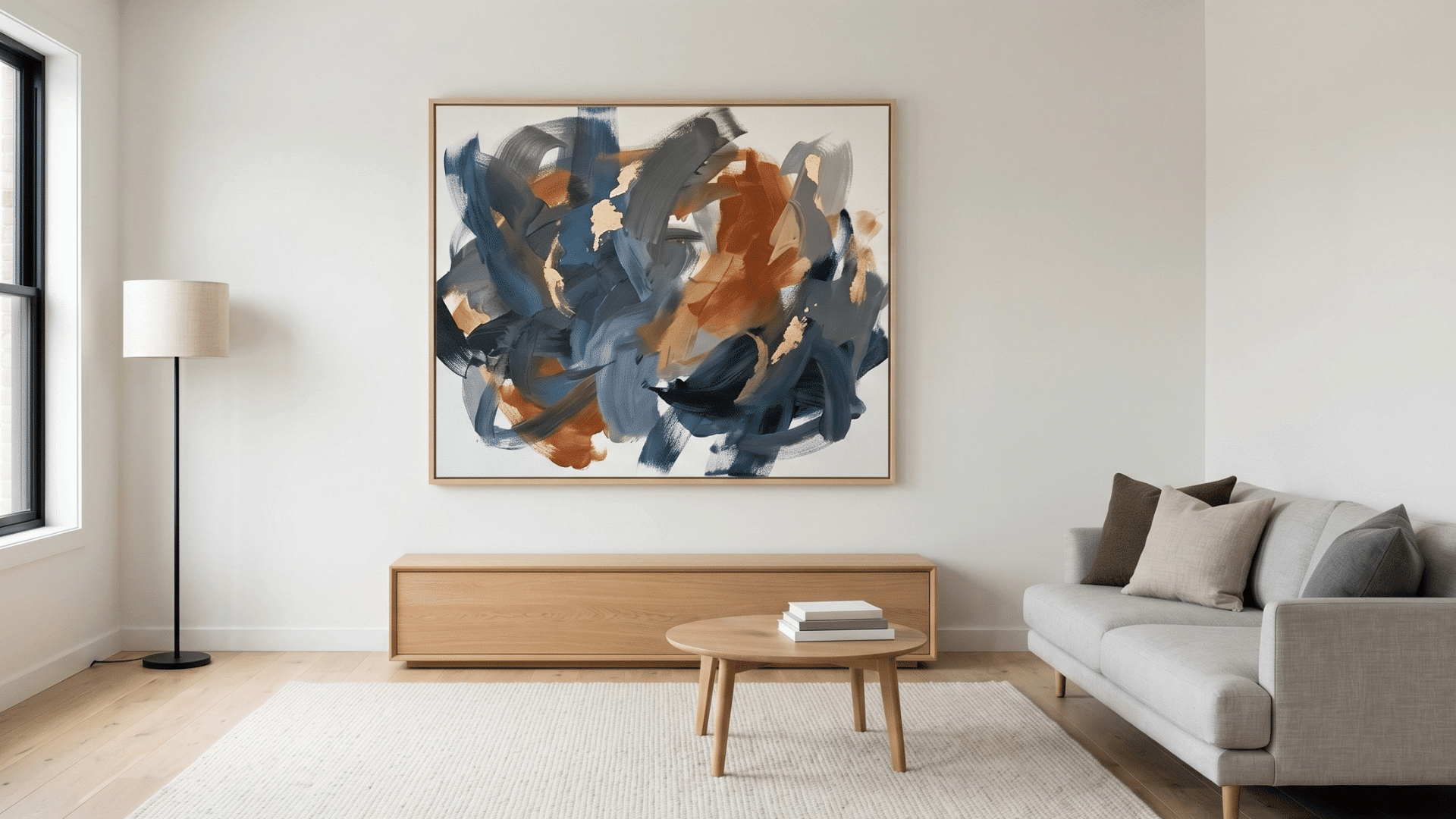 a living room with one large artwork on wall, sofa with pillows, minimal decor, clean composition