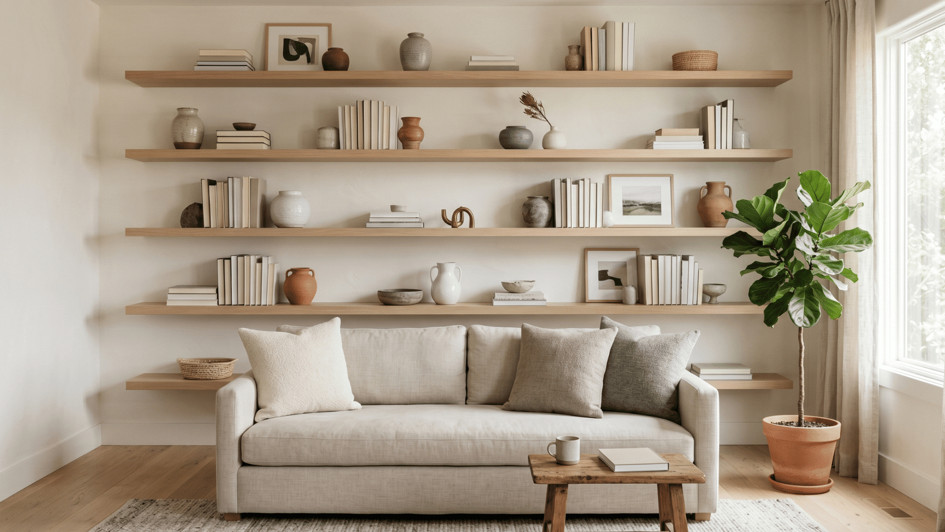 a living room with open shelves of books and ceramics, sofa with pillows, clean arrangement, soft lighting