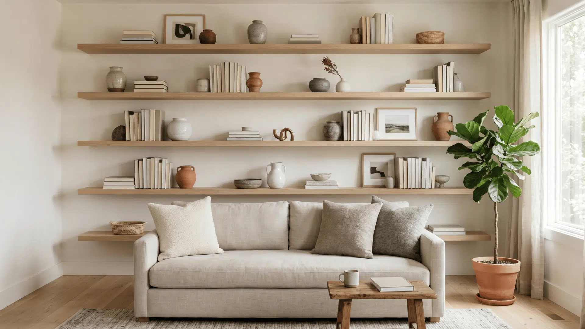 a living room with open shelves of books and ceramics, sofa with pillows, clean arrangement, soft lighting