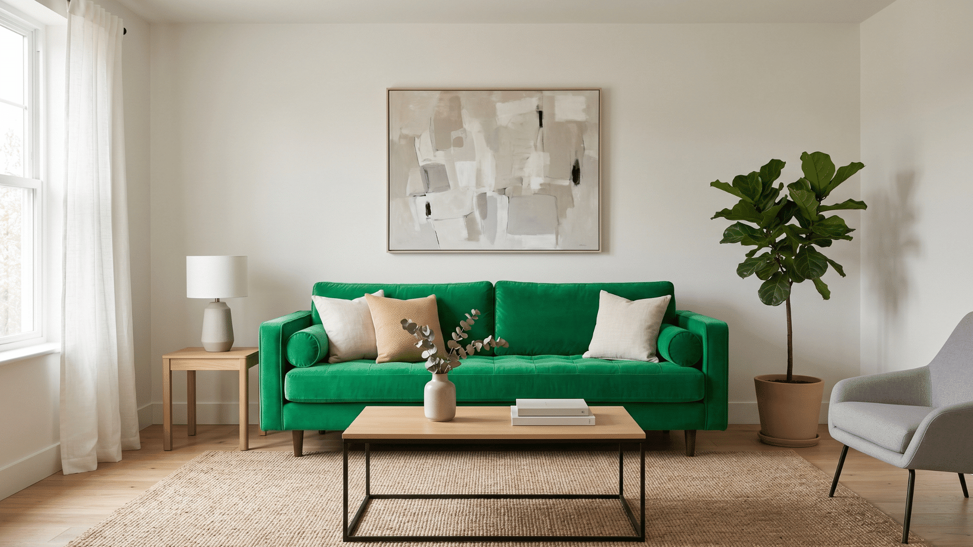 a living room with two layered rugs in different patterns, neutral seating, sofa with pillows, clean and balanced space