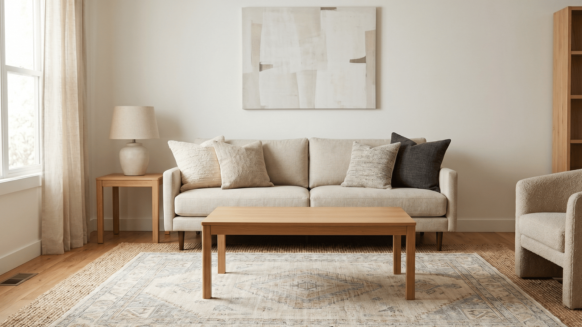 a living room with two layered rugs in different patterns, neutral seating, sofa with pillows, clean and balanced space (1)
