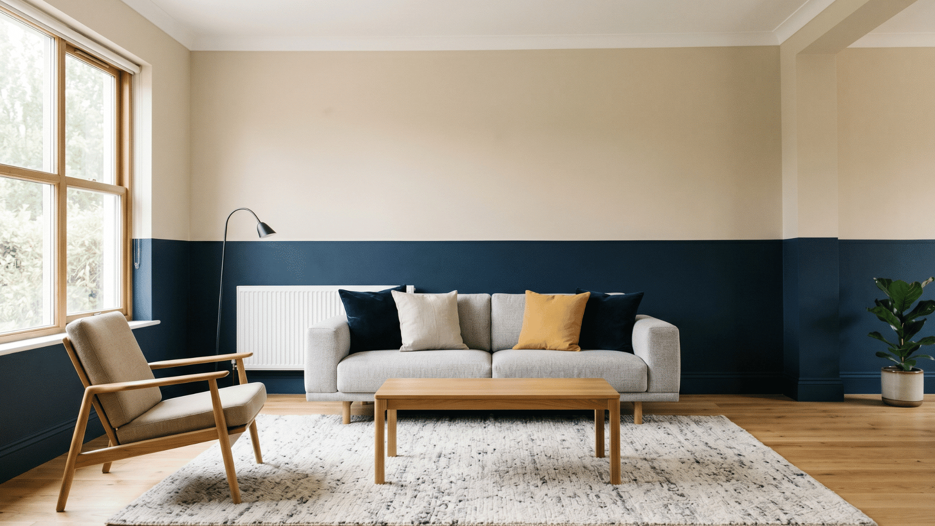 a living room with two-tone painted walls, sofa with pillows, clean furniture, balanced color contrast