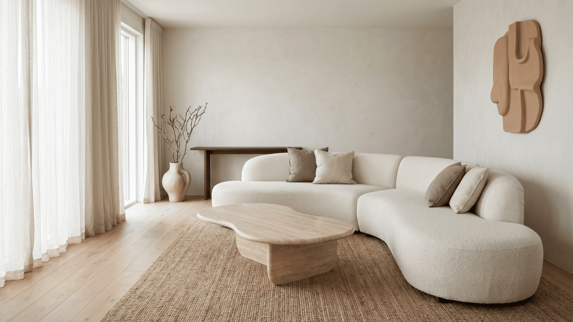 a living room with unique shaped furniture, sofa with pillows, simple layout, minimal decor, clean space