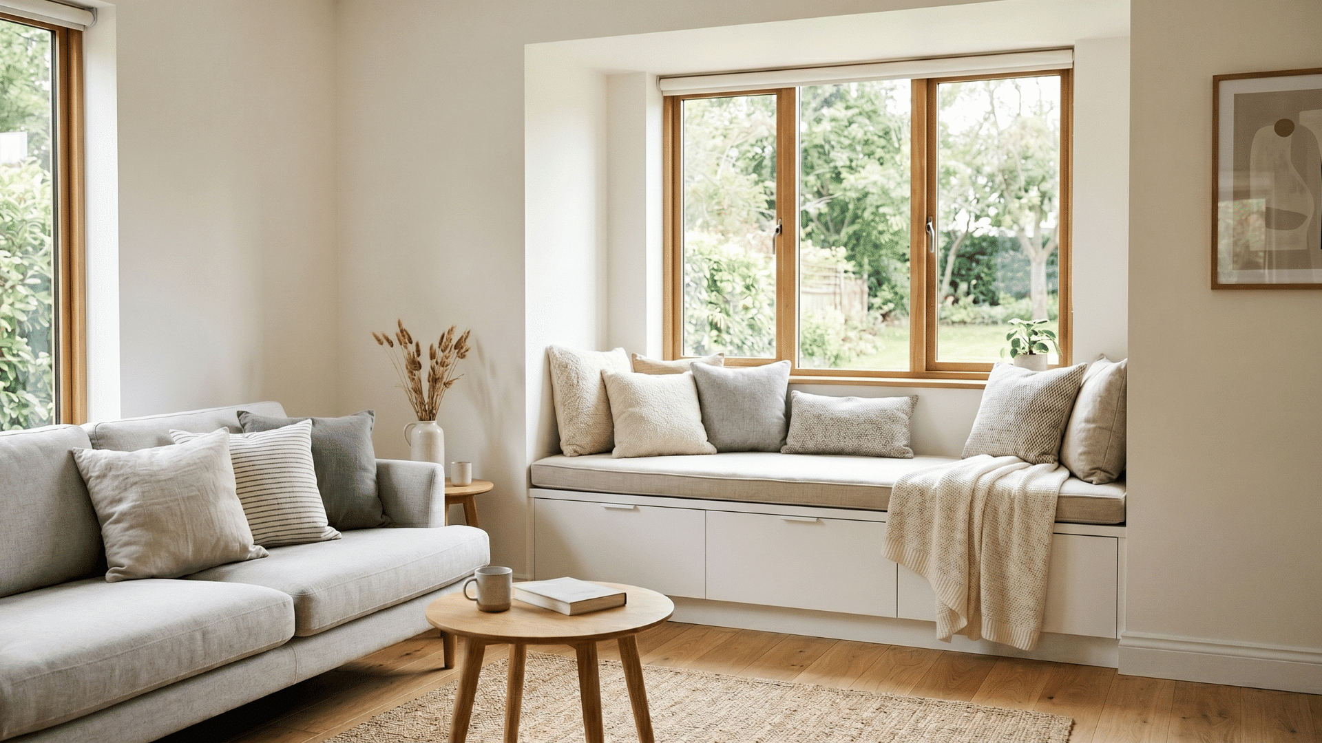 a living room with window seat and cushions, nearby sofa with pillows, clean styling, natural light