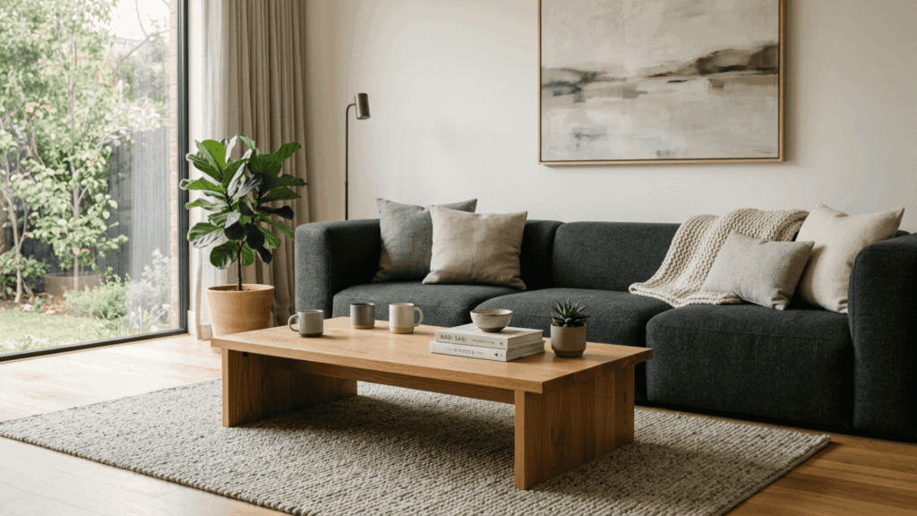 a low wooden coffee table placed in front of a low profile modern sofa showing the correct height match in a minimalist living room