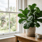 a lush ficus plant placed near a bright window in a clean indoor space with soft natural light falling on its green leaves