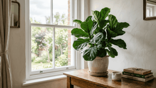 a lush ficus plant placed near a bright window in a clean indoor space with soft natural light falling on its green leaves