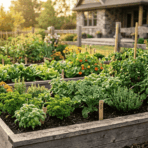 a lush home garden with rows of healthy green vegetables and herbs growing in neat raised wooden beds under warm golden sunlight