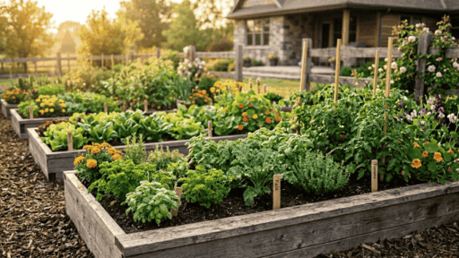 a lush home garden with rows of healthy green vegetables and herbs growing in neat raised wooden beds under warm golden sunlight