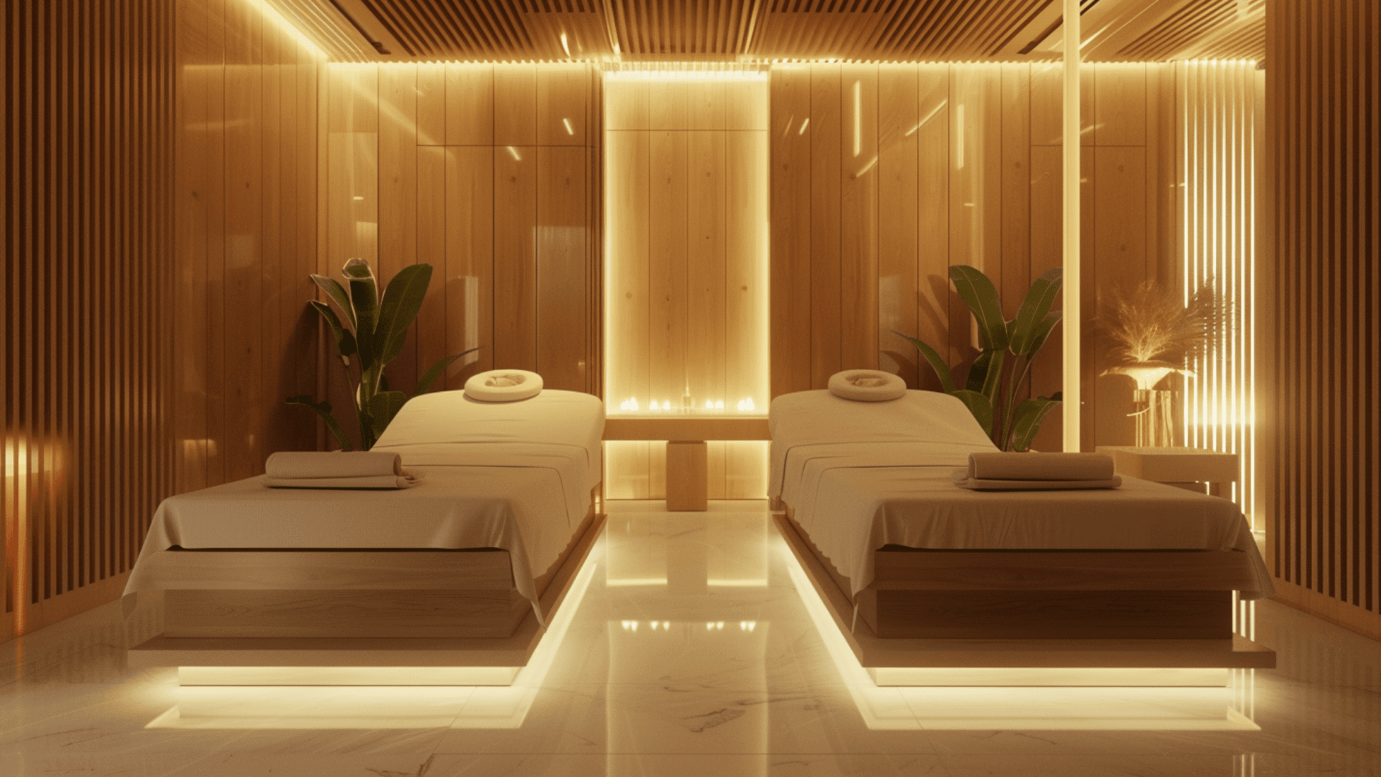 a luxury spa interior with soft lighting neutral tones and massage beds creating a calm and relaxing wellness environment