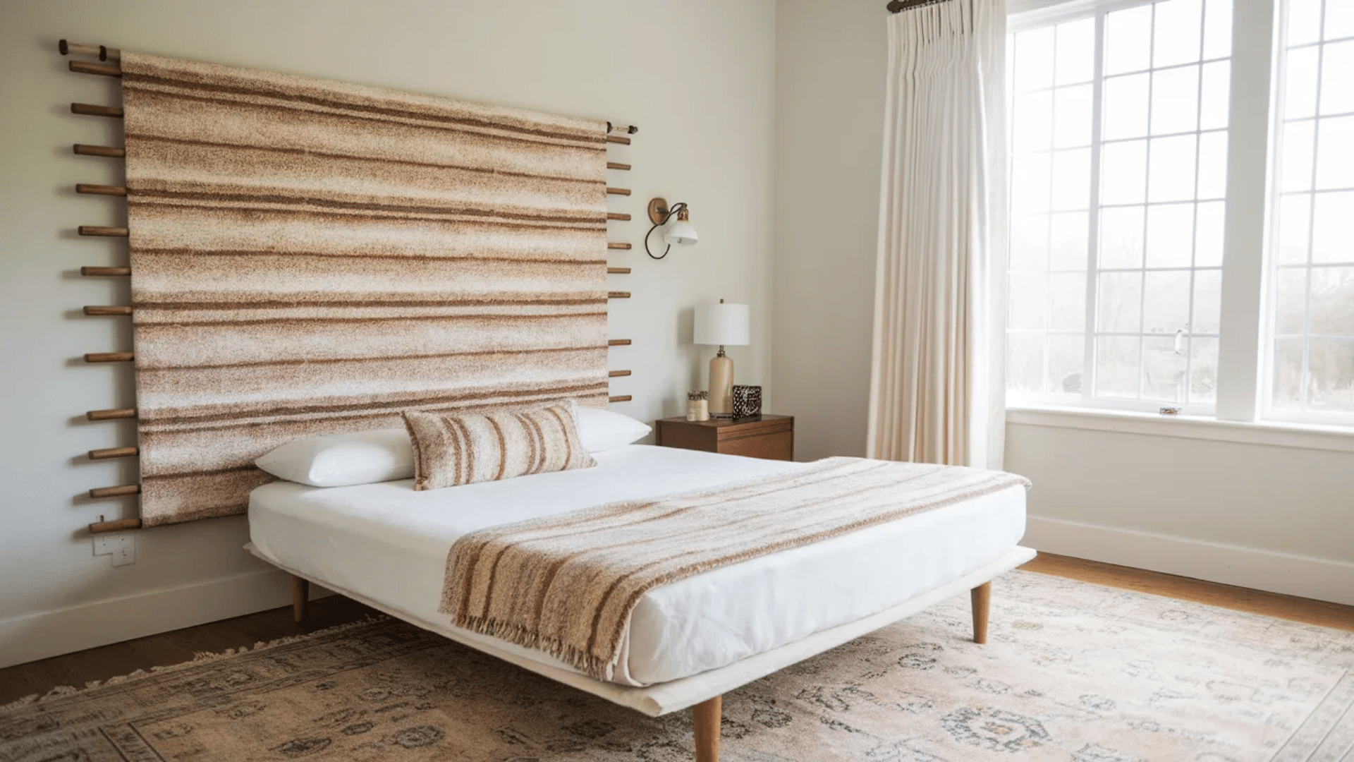 a minimalist bedroom featuring a statement woven headboard with wooden dowels, complemented by a neutral-toned throw blanket, pillows, and soft lighting.