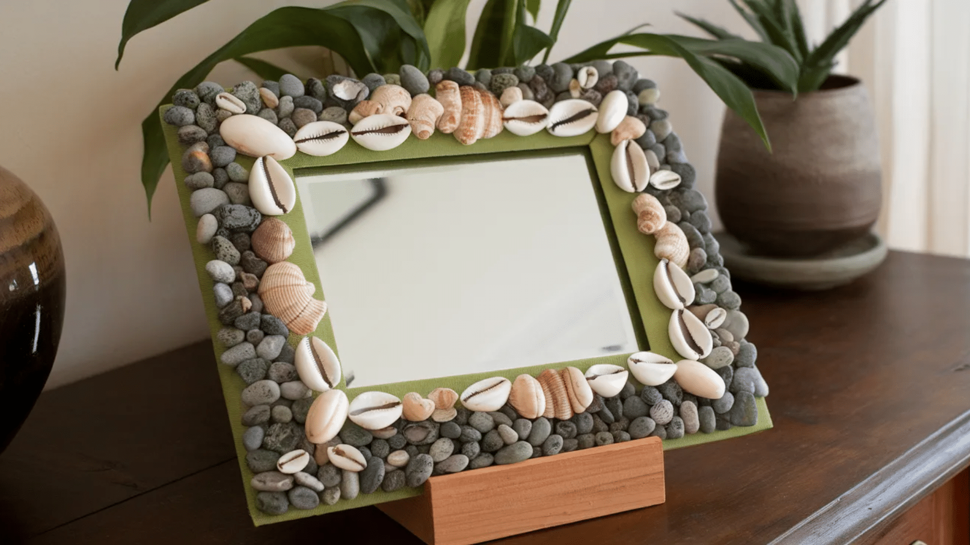 a mirror framed with stones and seashells arranged around the edges, with a plant and pottery in the background.