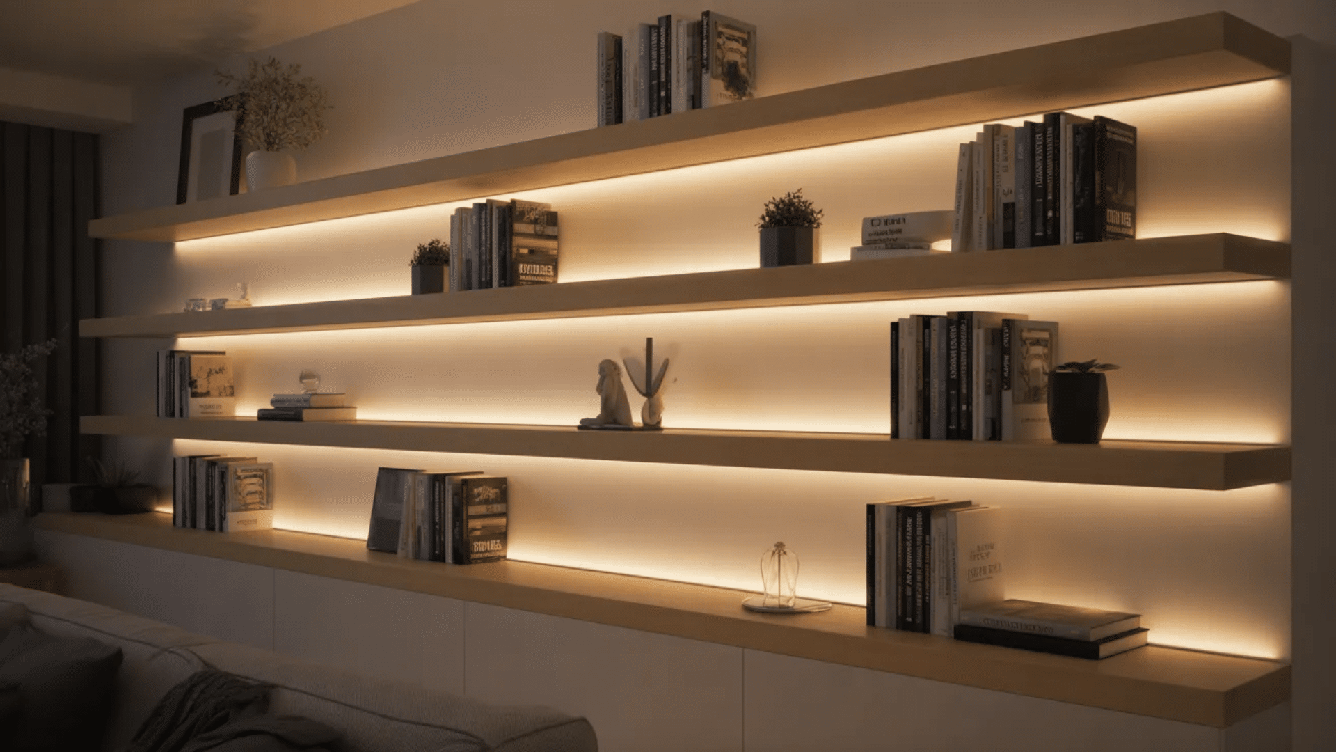 a modern bookshelf with soft ambient lighting under each shelf, displaying books, plants, and decorative items, creating a cozy and stylish atmosphere.