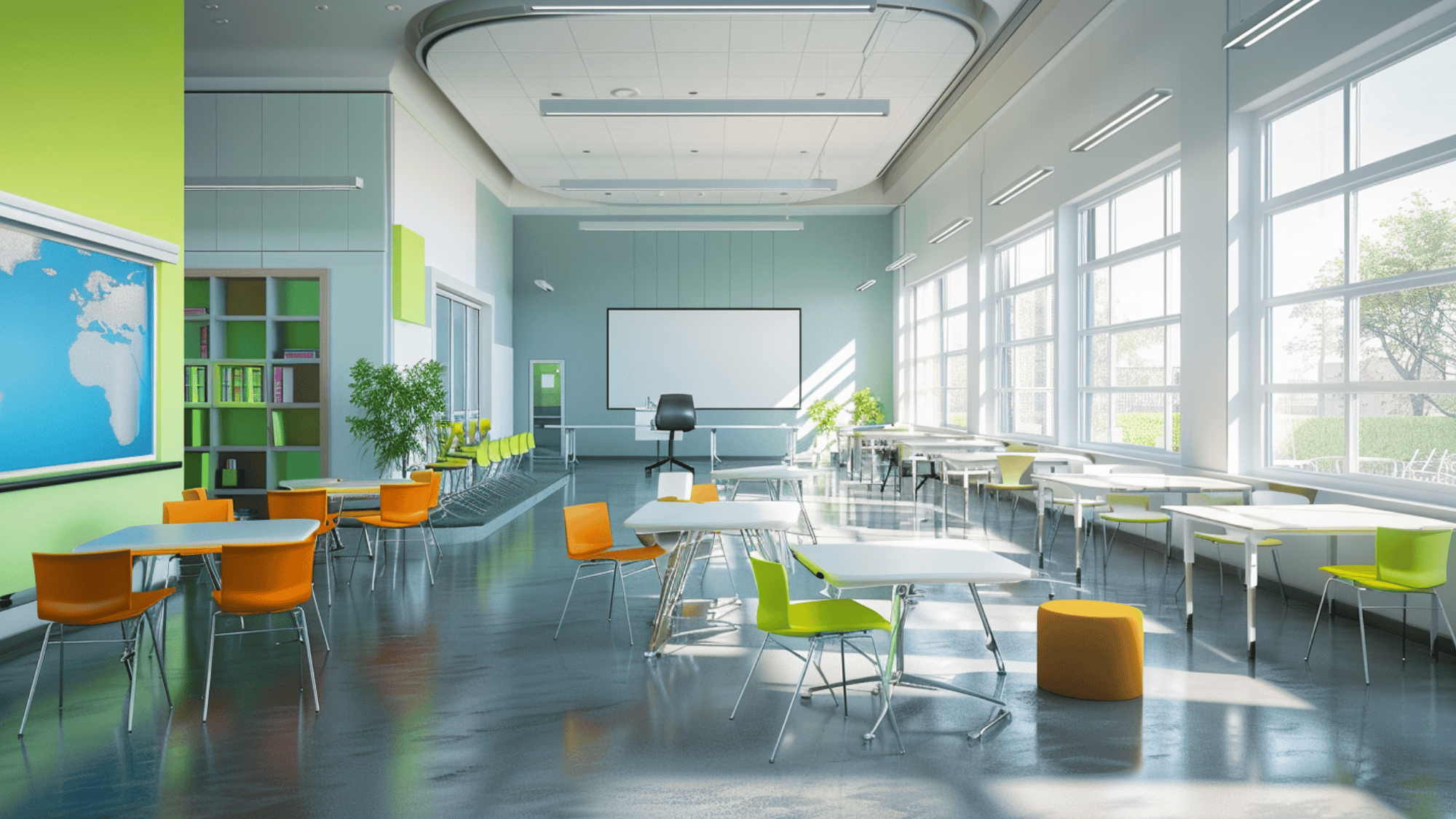 a modern classroom with flexible seating bright lighting and organized layout designed for interactive and focused learning