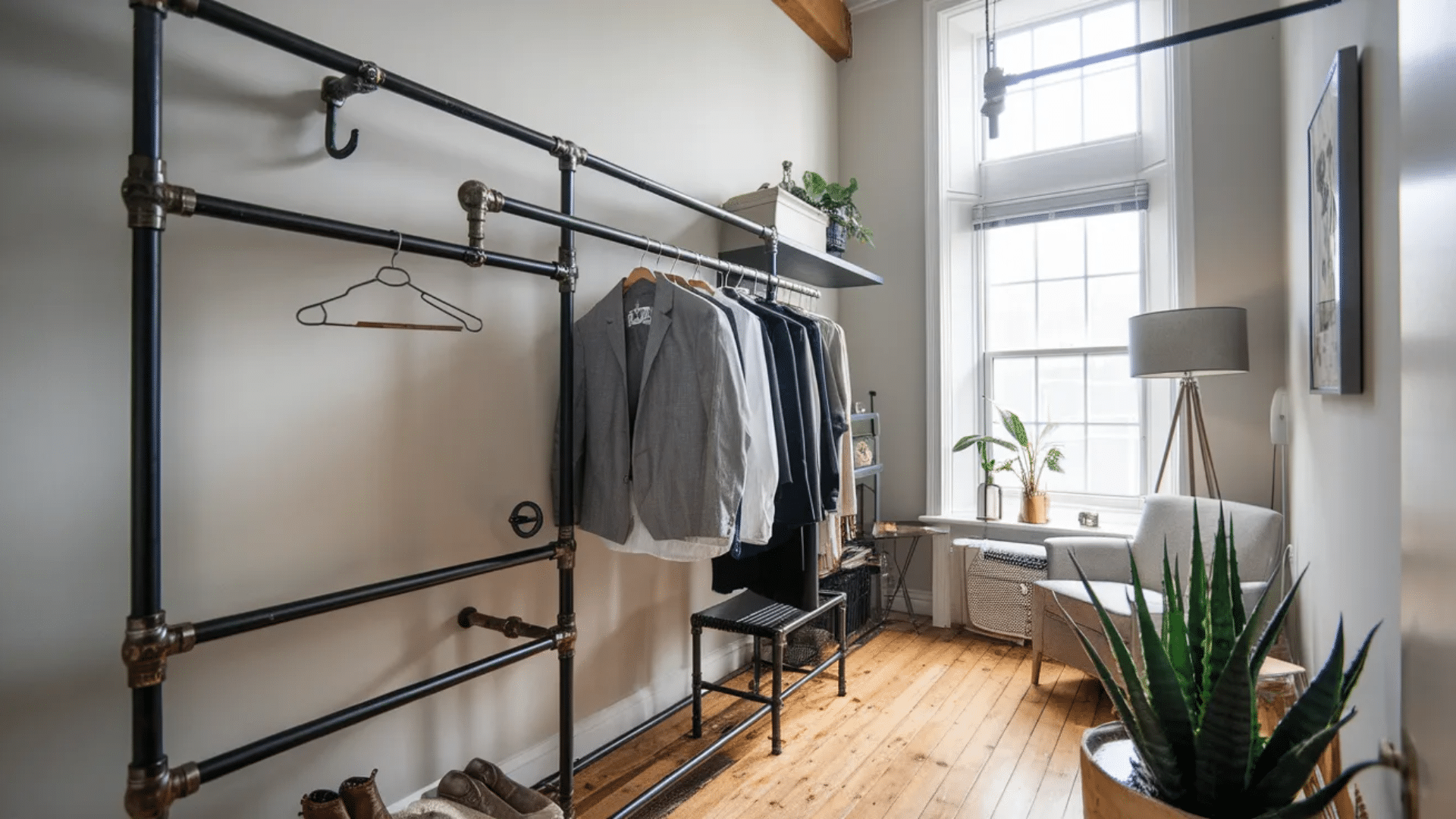 a modern clothing rack made from black pipes holding various shirts, with a small armchair, plants, and a window in the background.