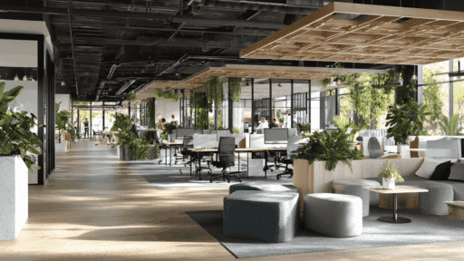 a modern commercial interior with flexible layout, natural light, and sustainable design elements in a workspace