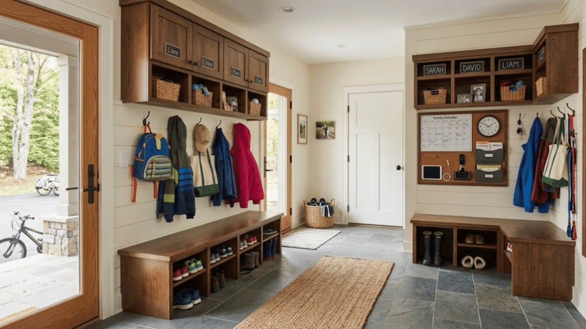 a modern mudroom with two designated cubby areas, labeled names, hanging jackets, a central calendar, and a dog bed. (1)