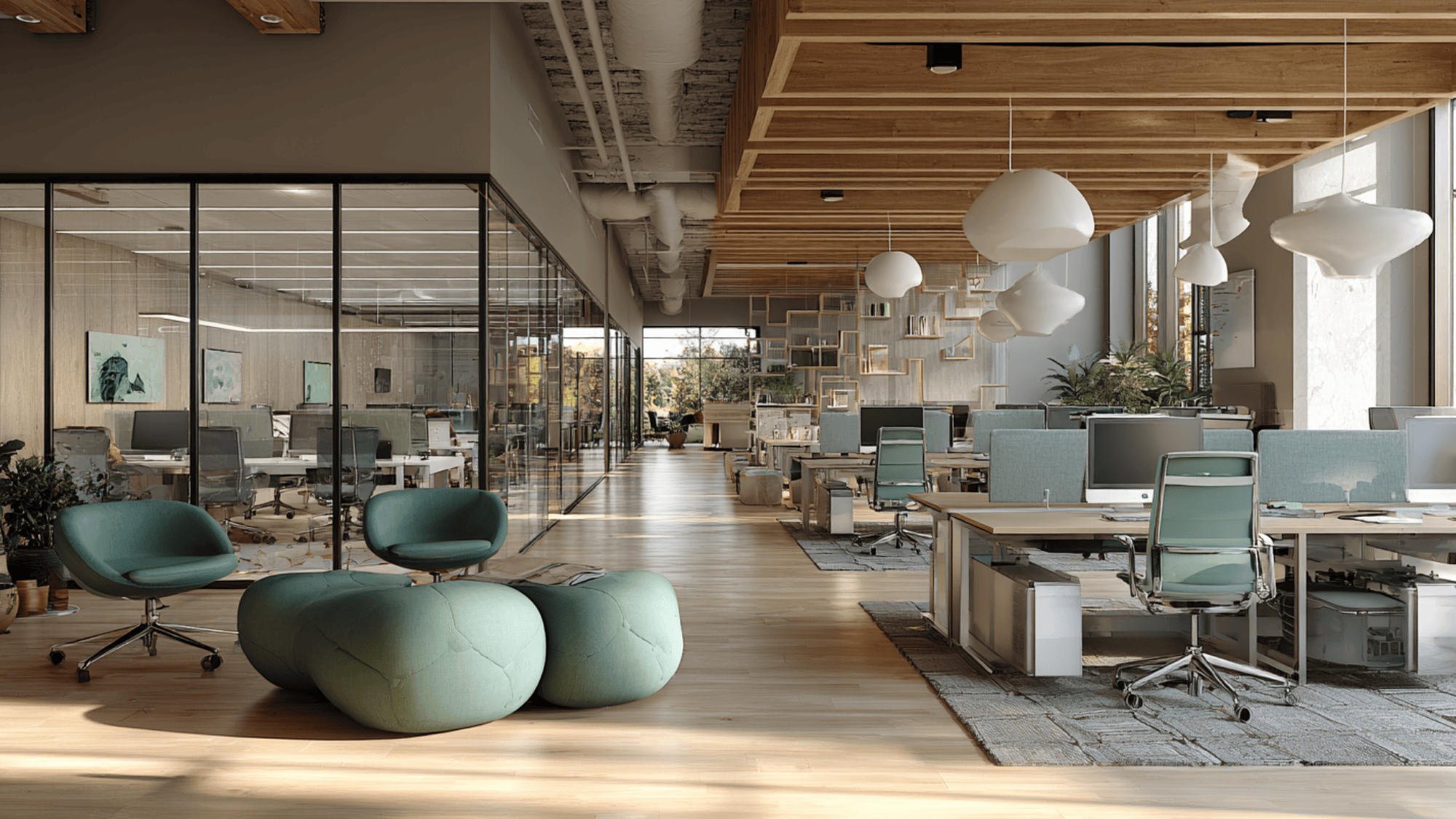 a modern office interior with open workstations and collaborative spaces designed for productivity and comfort