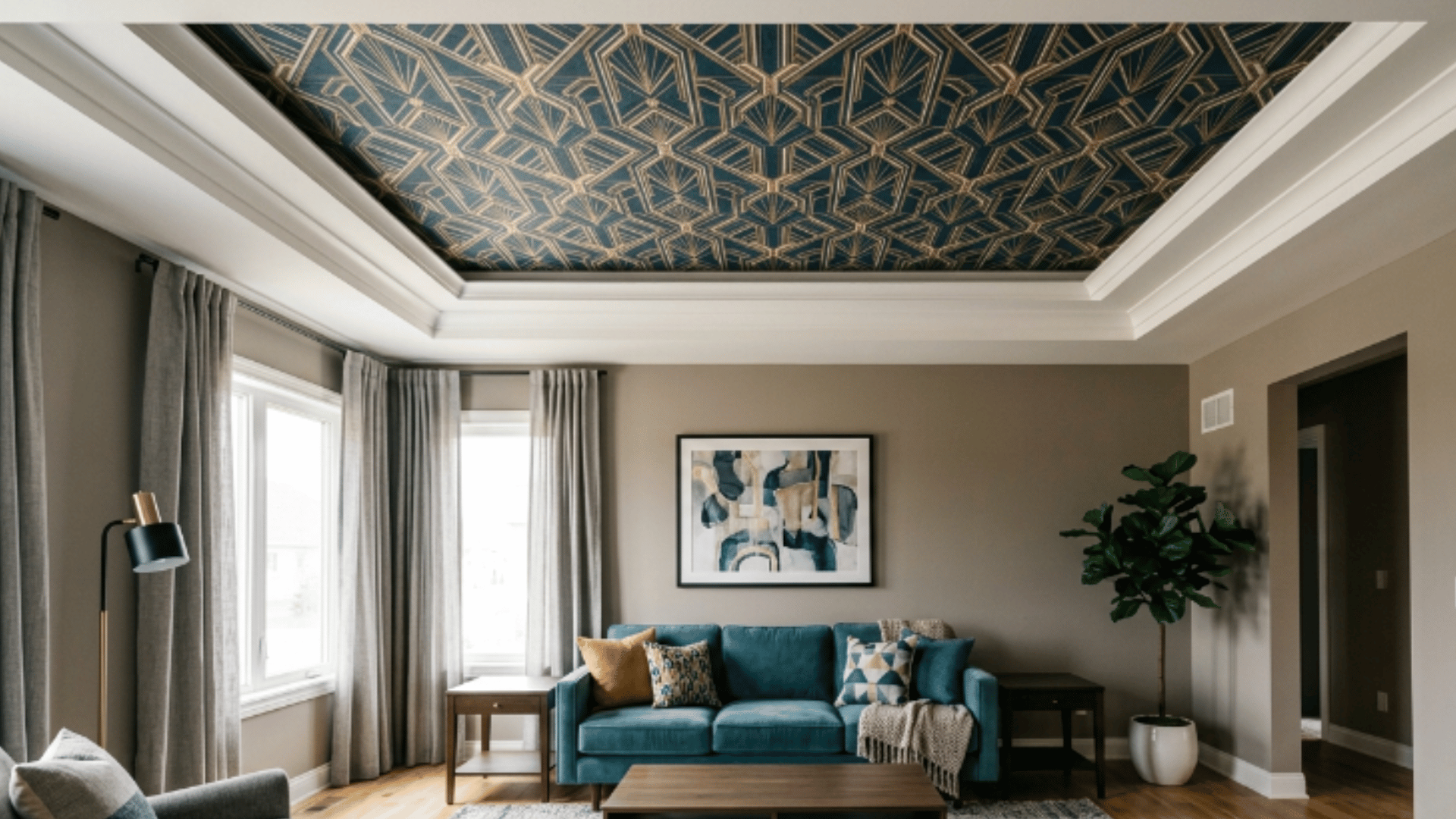 a modern room with a tray ceiling featuring patterned wallpaper in the recessed center, clean layout and balanced styling (1)