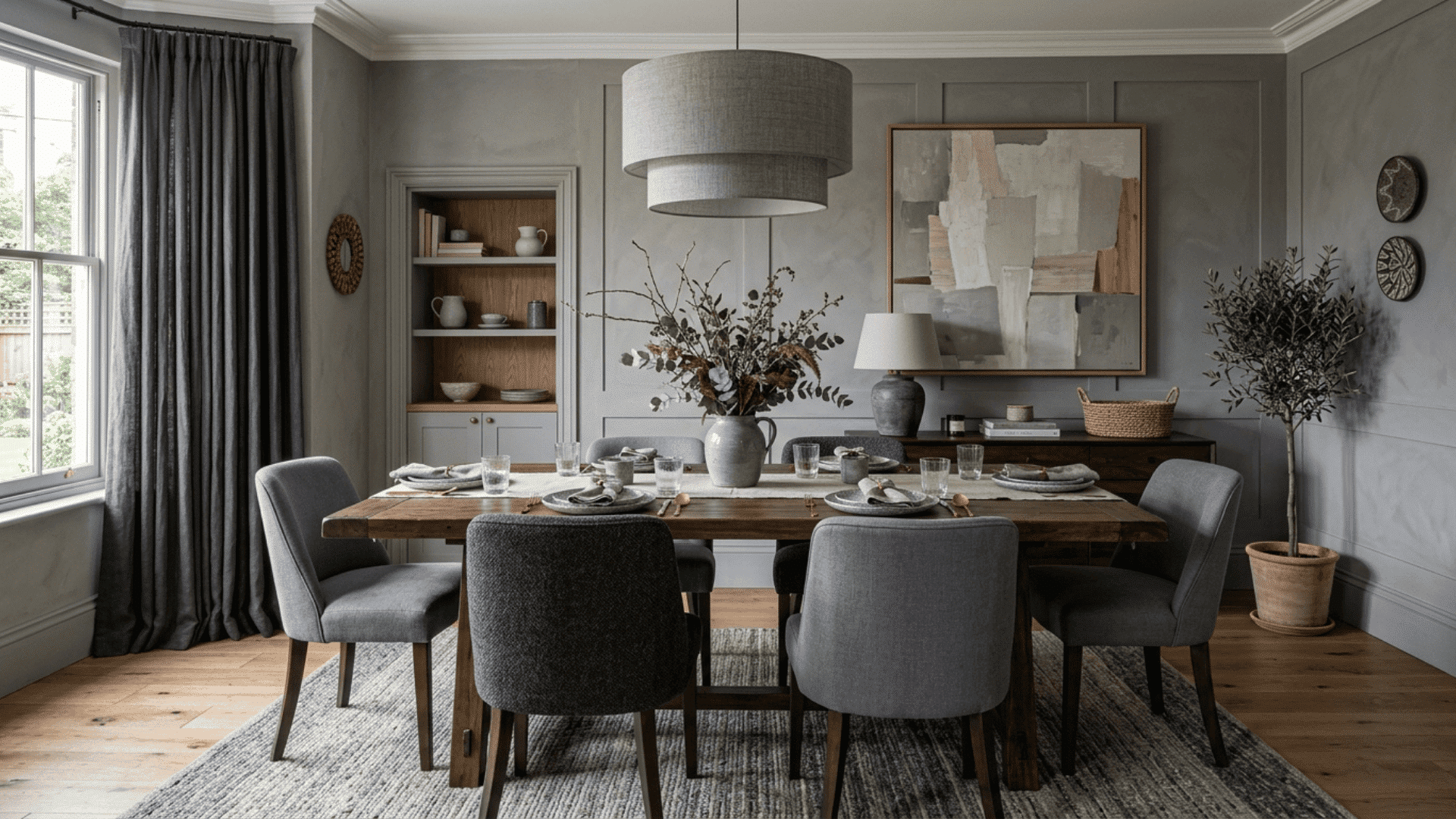 a monochrome gray dining room with layered wall tones linen wool textures and wood accents adding depth to a refined considered space