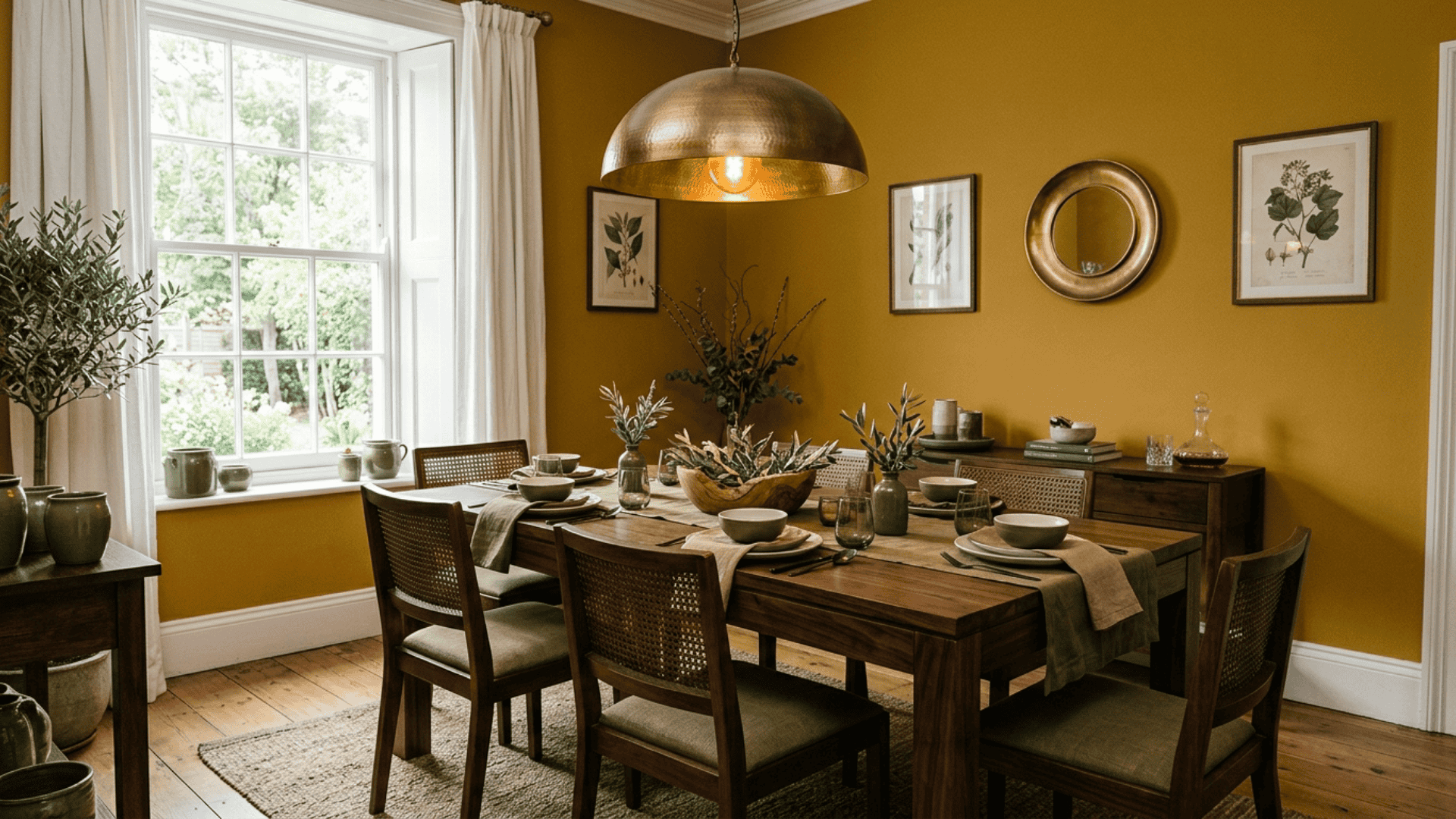 a mustard yellow dining room with dark wood furniture olive green accents and warm metallic lighting creating a retro and lively atmosphere