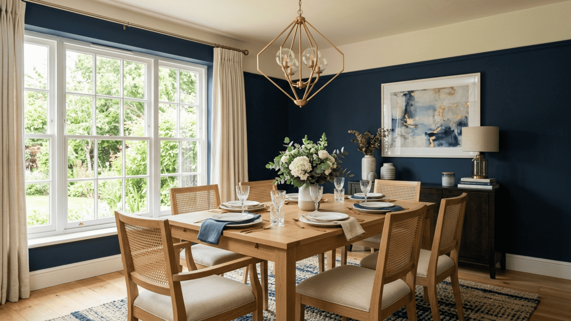 a navy blue dining room with cream ceiling light wood furniture and gold pendant light softened by natural daylight from a window