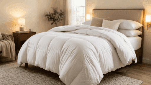 a neatly made bed covered with a thick fluffy white comforter in a warm and cozy bedroom with soft lighting
