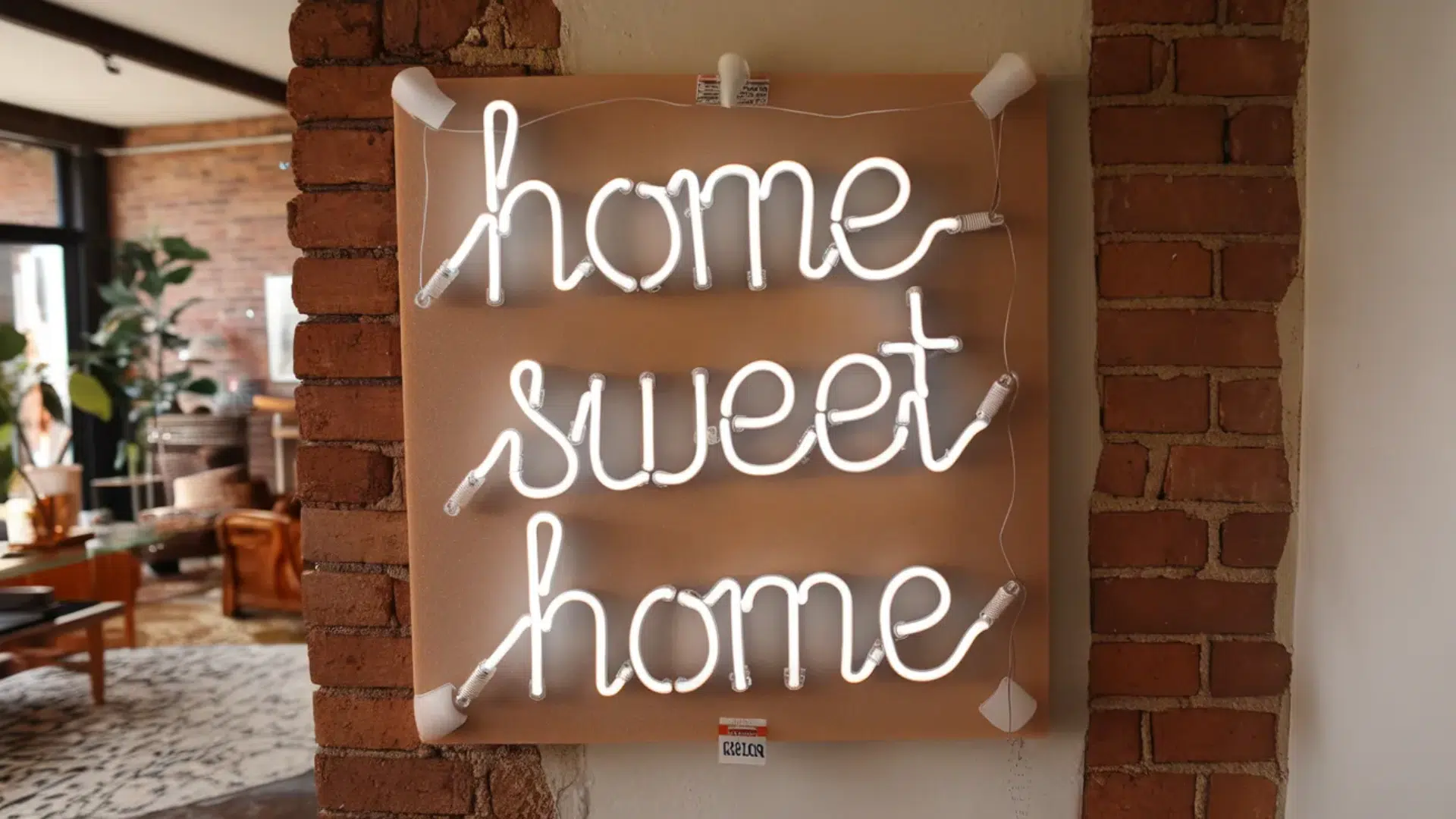 a neon light sign reading home sweet home mounted on a tan board, hanging on a brick wall in a cozy, rustic interior space.