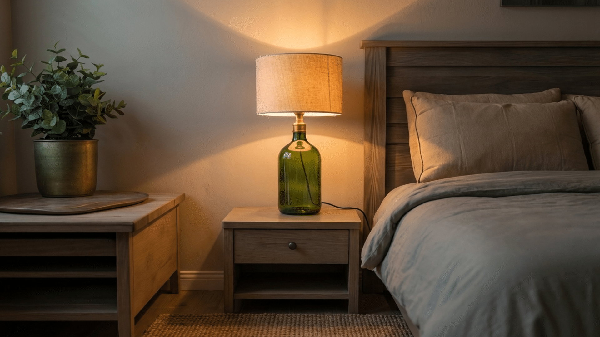 a nightstand with a potted plant, a unique green glass bottle lamp, and a cozy bed with soft pillows, creating a peaceful and stylish bedroom atmosphere.