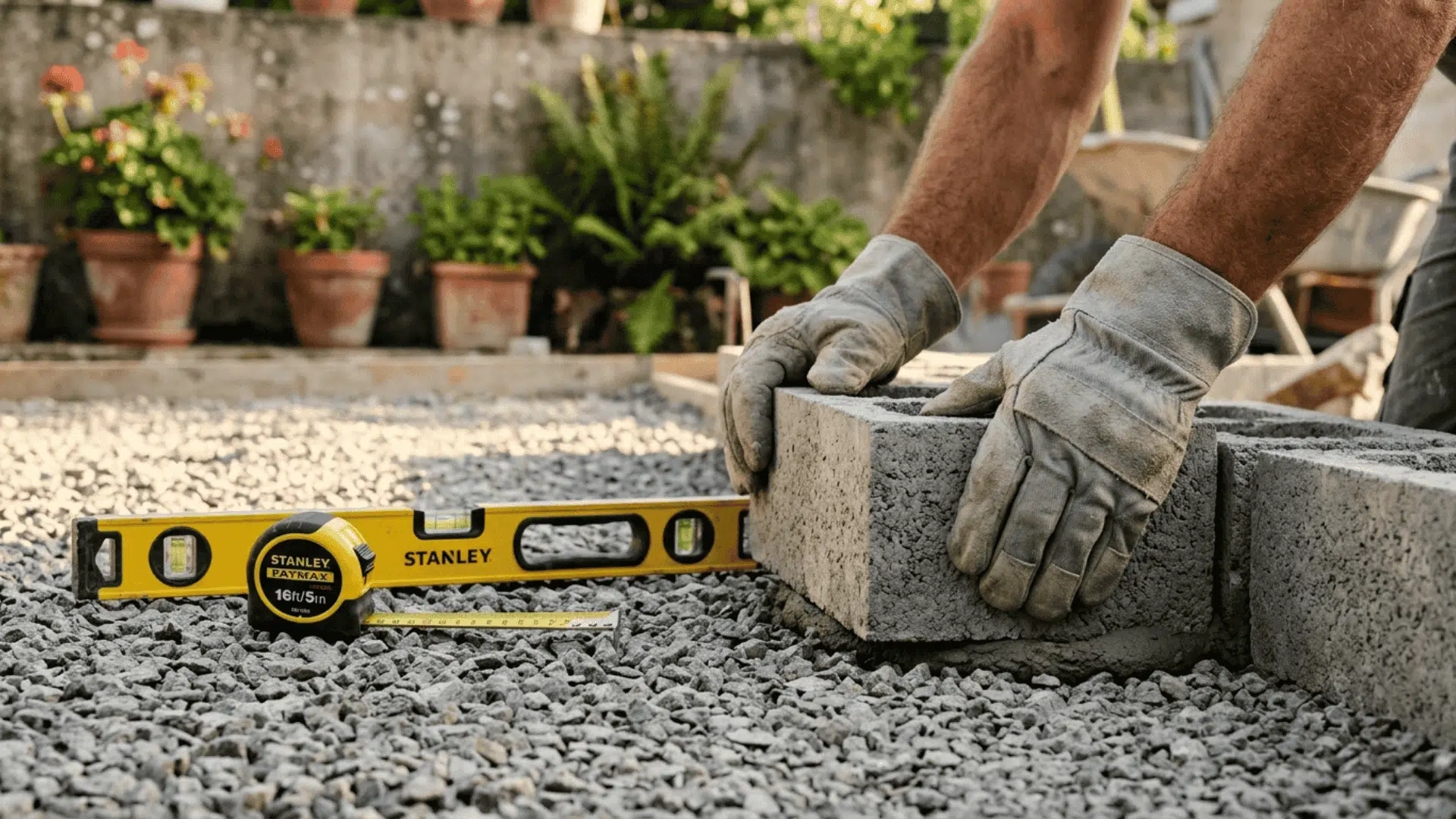 a pair of gloved hands placing a concrete block on flat gravel ground with a spirit level and measuring tape resting nearby