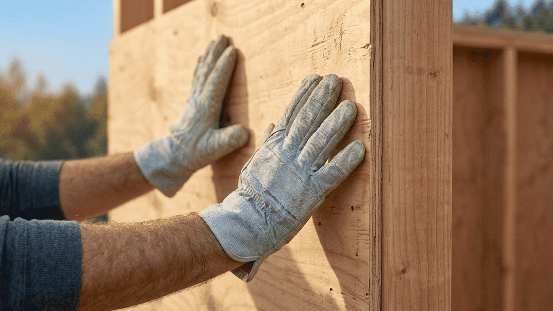 a pair of gloved hands pressing a plywood panel firmly against a wooden shed wall frame with fingers spread for flush contact