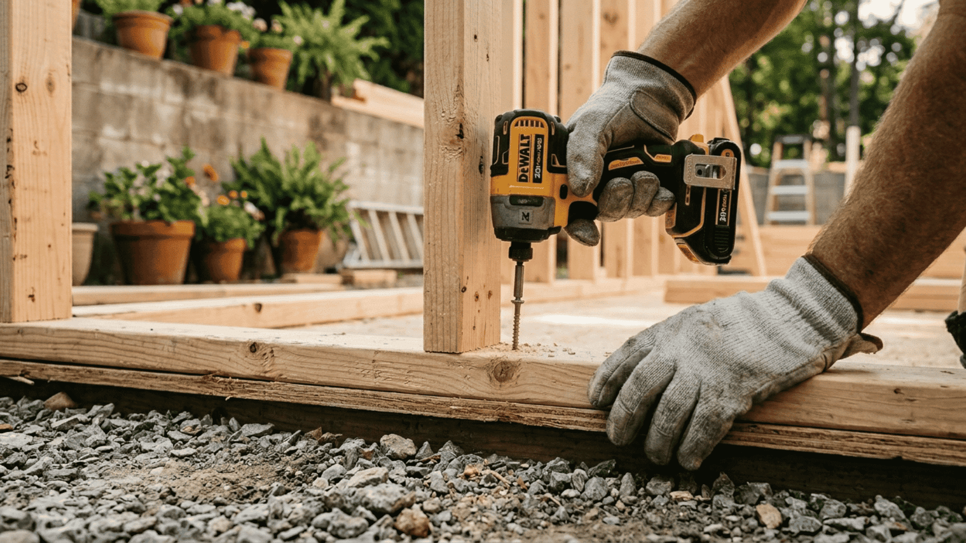 a pair of gloved hands securing a wooden wall frame to a floor frame with a drill with gravel surface visible at the lower end
