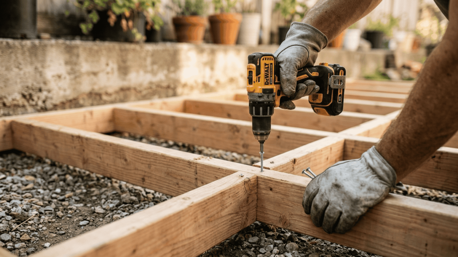 a pair of gloved hands using a drill to drive screws into a wooden floor frame with gravel ground and a concrete wall in the background